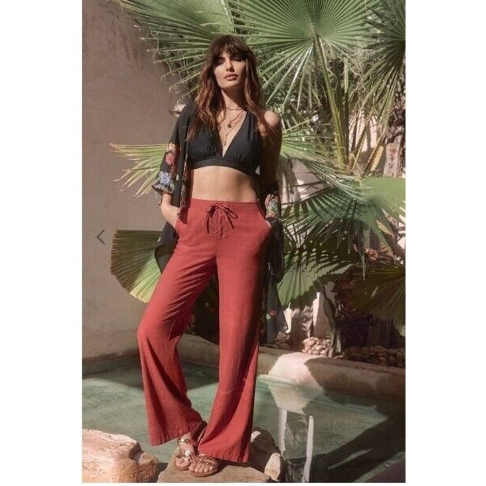 JustFab Linen Blend Lace Up Pants Black Size Small Trouser‎ Boho Hippie
